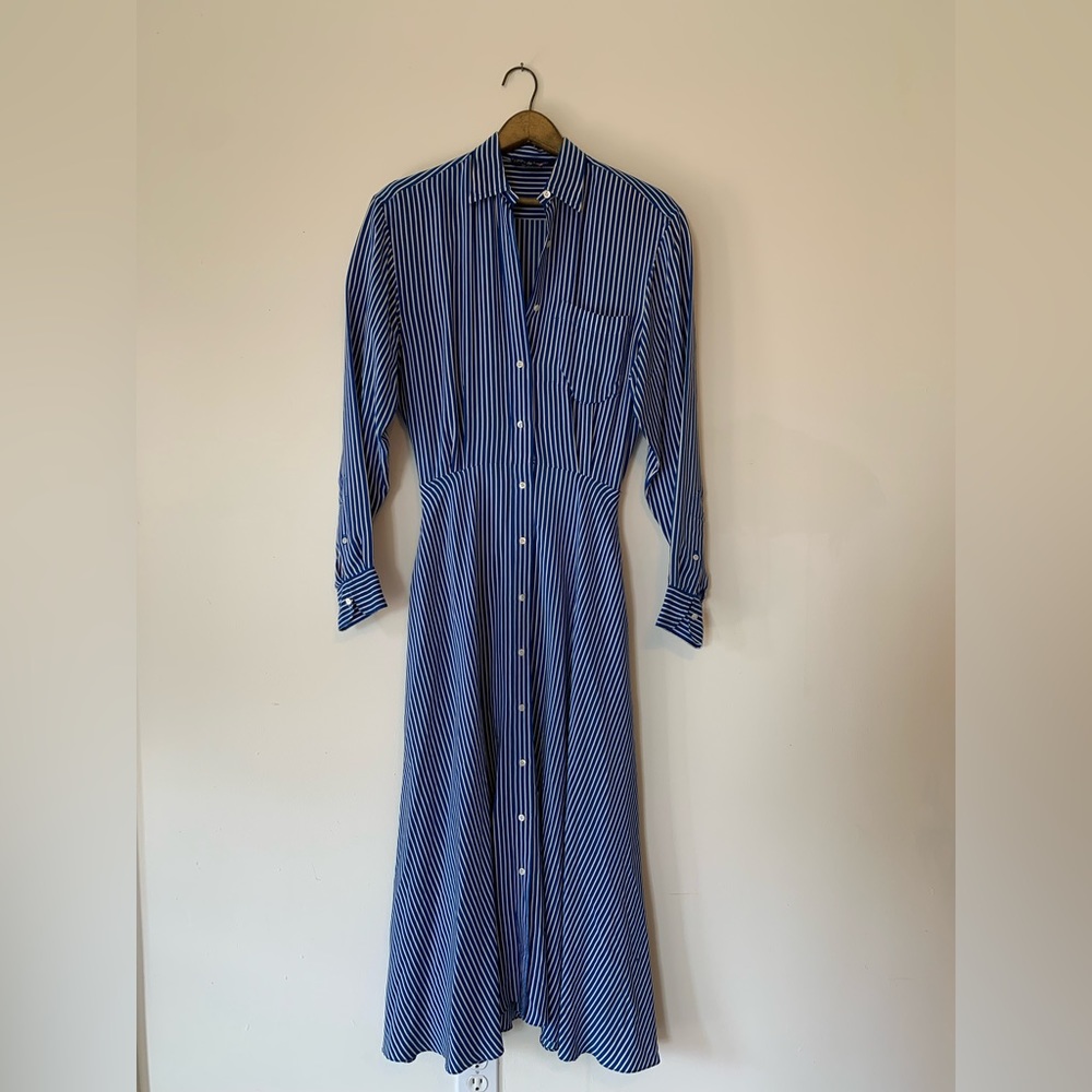 Ralph Lauren vintage 100% silk midi dress long sleeve blue white striped size 6